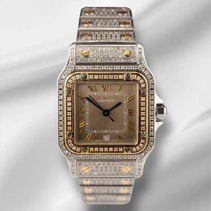 Cartier Santos 29mm Quartz 4ct Iced out 18k Gold Steel Gray Dial Watch 187901 - Picture 1 of 13