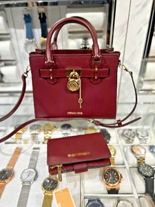 Michael Kors Hamilton Women Small Leather Satchel Bag + Bifold Wallet (Oxblood) - Picture 1 of 20