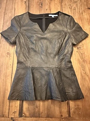 Antonio Melani Black Leather Peplum Top Blouse Size Small Zipper Closure Shirt - Image 1 of 4