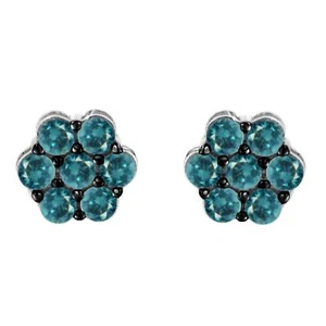 1 Carat Treated Blue Real Diamond Floral Stud Earrings in Sterling Silver - Picture 1 of 7