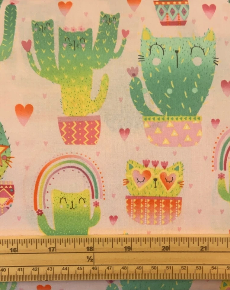 Fat Quarter Kitty Rainbow Cacti On Pink 100% Cotton Quilting Fabric - Image 1 of 1