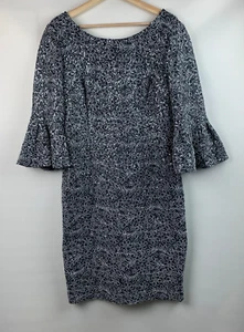 Alex Evening Sheath Dress Clear Sequin Navy/Gray Zip 3/4 Bell Sleeve Size 14P - Picture 1 of 9