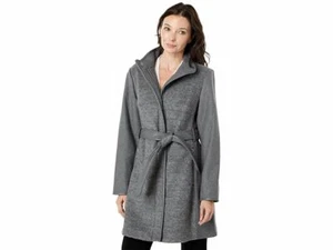 Nuevo con etiquetas Vince Camuto Para mujeres Gris Lana Cuello Alto Cinturón Abrigo Recorte PU Talla Grande $275 - Imagen 1 de 12