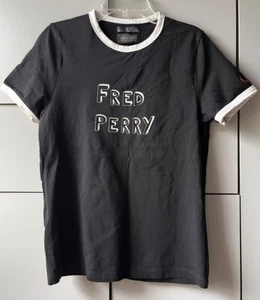 FRED PERRY x Bella Freud Black Crew Neck T Shirt Top White Trim US Sz 4 UK Sz 8 - Picture 1 of 9