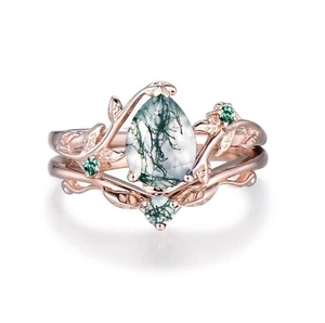 Pear Shaped Moss Agate Engagement Ring Set For Women Leaf 925 Sterling Silver - Picture 1 of 6