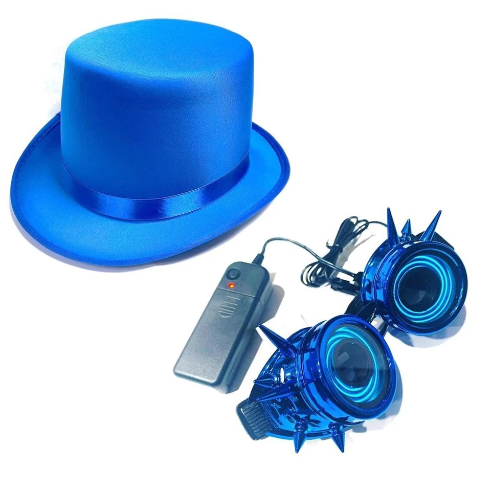 Azul Satén Top Sombrero y LED Steampunk Gafas Locas Elegante Vestido Disfraz Conjunto Foto 1 de 1