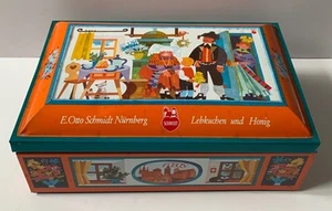 LARGE VINTAGE TIN CHEST E OTTO SCHMIDT GERMANY ORANGE DECORATIVE BISCUIT COOKIE - Picture 1 of 24