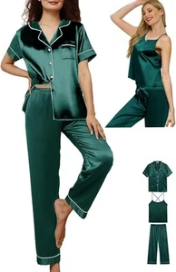 3Pcs Womens Satin Pajamas Set Silk Pj Sets Sexy Camisole Small, Evergreen  - Picture 1 of 6