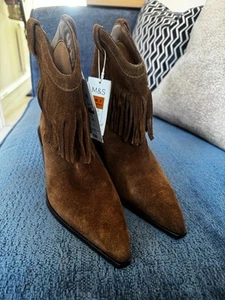 Stunning Suede Brown Tassel Ankle Cowboy Boots BNWT Uk Size 3 - Picture 1 of 6