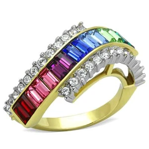 Anello Baguette Arcobaleno Acciaio Inox Placcato Oro TK316 - Foto 1 di 13
