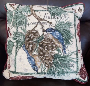 Vintage Tapestry Throw Pillow Floral Bird Velvet Winter 15x15 Cottage Signed - Picture 1 of 15