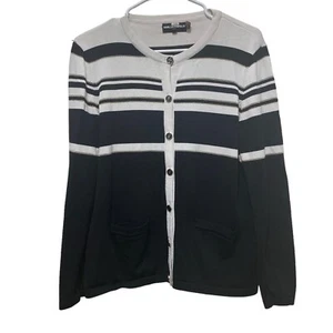 Karl Lagerfeld Sweater Women’s Size Medium Black White Stripe Button Cardigan - Picture 1 of 7