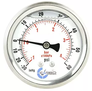 1-1/2" Vacuum Gauge Stainless Steel Case Liquid Filled, Back Mnt -30 Hg/+60 psi - Picture 1 of 4