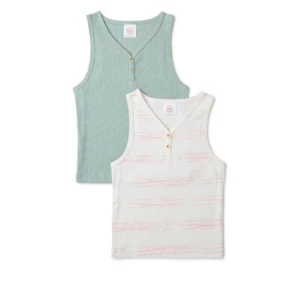 Wonder Nation Girls M 7-8 Henley Rib Tank Top, 2-Pack, Pink Stripe/Milieu Green - Picture 1 of 3