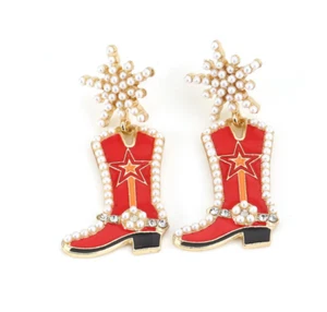 NEW Red Cowgirl Boots Pearl Embellished Rhinestone Western Bling Glam Earrings - Picture 1 of 4