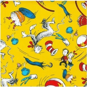 BTHY Seuss Celebration Cat in The Hat Yellow Cotton Fabric By Half Yard 10797 - Picture 1 of 1