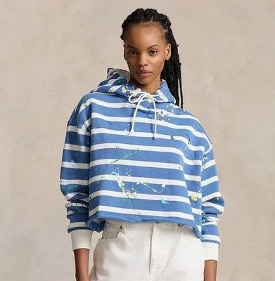 Polo Ralph Lauren Cropped Striped Fleece Splatter Paint Boxy Hoodie XL  14 16 18 - Image 1 of 4