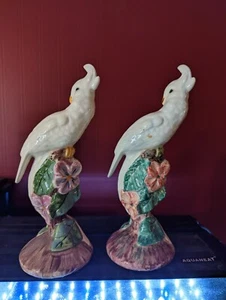 Pair of Ceramic Cockatoos Sitting on Palm Trees - Picture 1 of 2