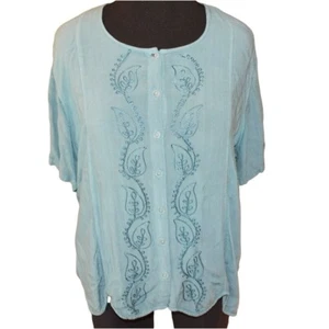 WOMAN WITHIN blaues Shirt 1X plus kurzärmeliger bestickter Rayon-Knopf - Bild 1 von 11
