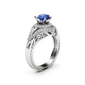 2ct Lab-Created Blue Sapphire Engagement Ring 14k White Gold Plated Halo Flower - Picture 1 of 6