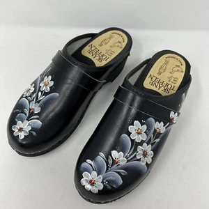 Skane Toffeln Swedish Leather Clogs Slip On Painted Black/Floral size 40 (971) - Picture 1 of 10