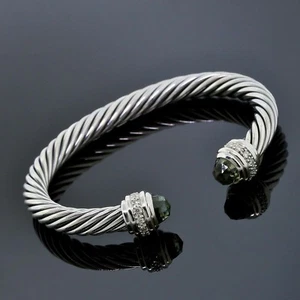 David Yurman Bracelet 7mm Sterling Silver Prasiolite Diamond Cable Classic Cuff - Picture 1 of 3