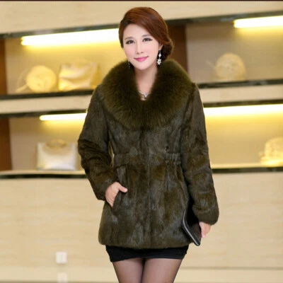 100% Real Rabbit Fur Women Winter Coat Fox Fur Collar Mid Long Jacket Plus Size - Image 1 of 4
