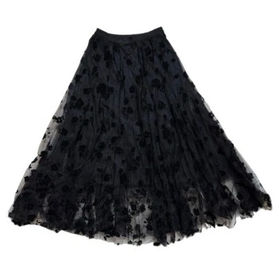 Chicwish Women Black Mesh Burnout Velvet Posy Floral Tulle Midi Skirt S Whimsy - Image 1 of 4
