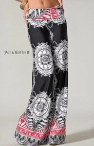 New J UP PLUS SIZE Womens BLACK WHITE TALL MEDALLION BOHO PALAZZO PANTS 1X 2X 3X - Picture 1 of 7