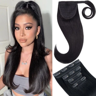 5 PIEZAS Extensiones de cola de caballo mitad arriba mitad abajo Clip en piezas de cabello humano Remy Negro Foto 1 de 4