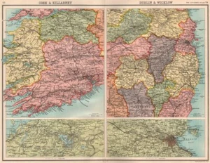 IRELAND SW & EAST. Cork & Killarney; Dublin & Wicklow. BARTHOLOMEW 1898 map - Picture 1 of 2