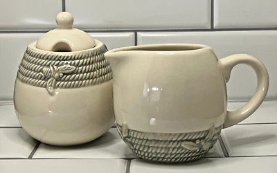 William Sonoma Honey Bee Rope Creamer & Sugar Set Embossed  Green Beige Honeybee - Image 1 of 4