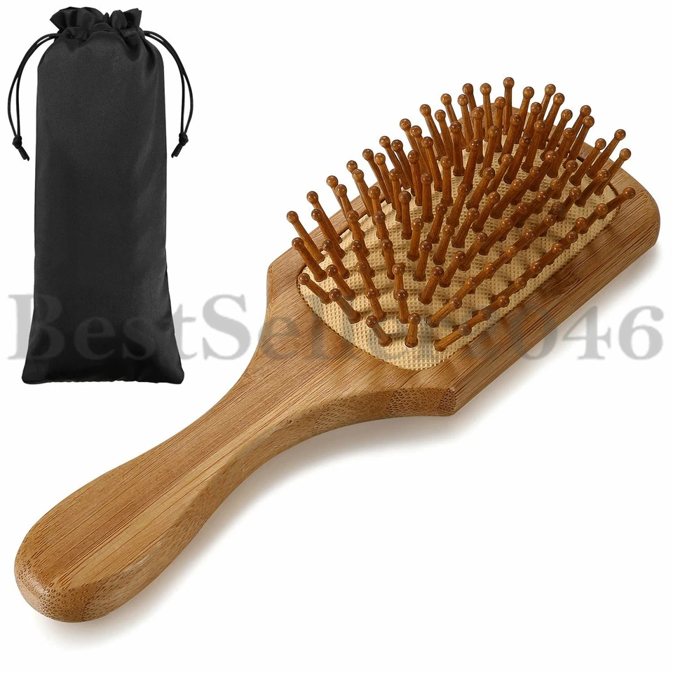 Handmade Natural Wooden Massage Head Scalp Straight Curly Hair Vent Brush Comb - Image 1 of 4