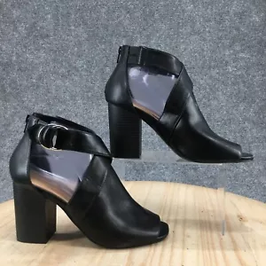 APT 9 Heels Womens 9 M Annual Back Zip Peep Toe Ankle Strappy Black Faux Leather - Picture 1 of 16