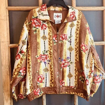 Vintage Active Frontier 100% Silk Woman's Full Zip, Western Floral Jacket Large - Image 1 of 4