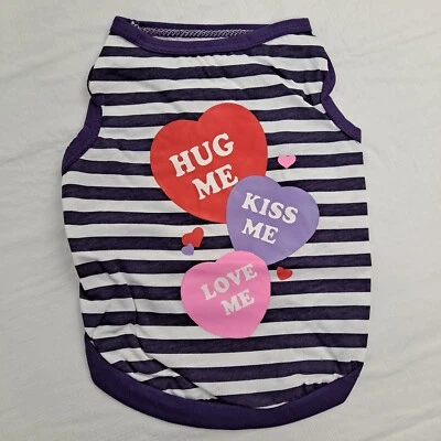 Valentine Dog Shirt Hug Me Kiss Me Love Me purple white stripe medium — 第 1/4 张图片