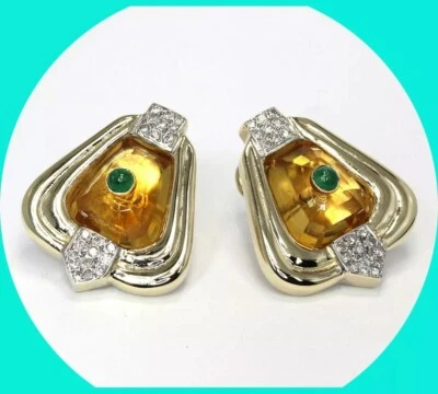 Vintage Diamond Citrine Emerald Shield Earrings .34CT 14K Yellow Gold 1 1/16” - Image 1 of 4