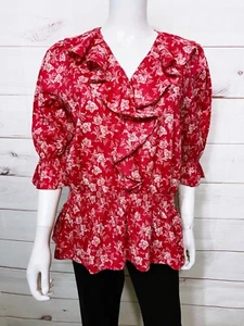 Lauren Ralph Lauren Womens Blouse Size L Pink & White Floral Ruffle Top - Picture 1 of 7