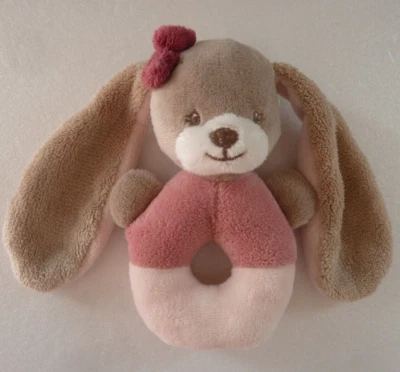 EB. DOUDOU HOCHET ROND NATTOU LAPIN anneau rose beige noeud grelot TTBE - Photo 1/3