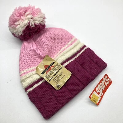 Sombrero de esquí de lana Wigwam vintage años 80 para mujer gorro a rayas rosa con pompón NUEVO CON ETIQUETAS Foto 1 de 4