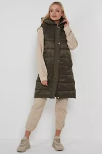 WOMENS GILET HOODED LONG LINE PUFFER JACKET PADDED TOP OLIVE BODY WARMER 8-18 - Picture 1 of 3