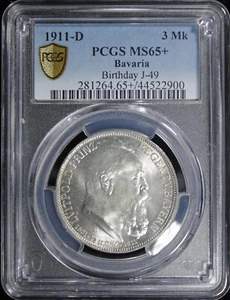 1911-D BAVARIA PRINCE REGENT LUITPOLD 90TH BIRTHDAY 3 MARK PCGS MS-65+ (2430798) - Picture 1 of 4
