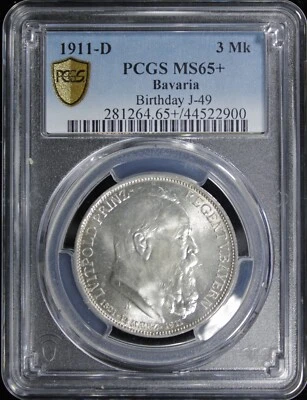 1911-D BAVARIA PRINCE REGENT LUITPOLD 90TH BIRTHDAY 3 MARK PCGS MS-65+ (2430798) - Image 1 of 4
