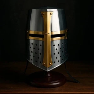Crusader Great Helmet Medieval Knight Templar Helmet Brass Cross Cosplay LARP - Picture 1 of 2