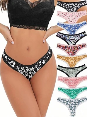 Paquete de 10 tangas de mujer sexy coqueta con adornos de encaje en contraste estampado floral ropa interior Foto 1 de 4