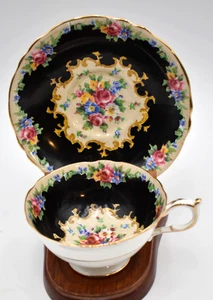 Seltene schwarze PARAGON Tasse & Untertasse Wandteppich schwarz doppelte Garantie Roségoldrand - Bild 1 von 13