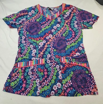 Landau 磨砂上衣女式小号多色花卉 V 领 Pit To Pit 17 英寸  — 第 1/4 张图片