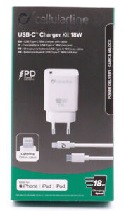 Cellularline USB Typ C Netzteil passend für Apple iPhone Kabel Ladegerät 18W 623