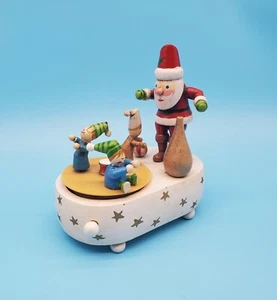 Vintage Hand Painted Spinning Christmas Music Box Santa & Elves - Picture 1 of 6