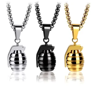 Mens Stainless Steel Mini Grenade Pendant Necklace, Army, Veteran, Bruno Mars - Picture 1 of 10